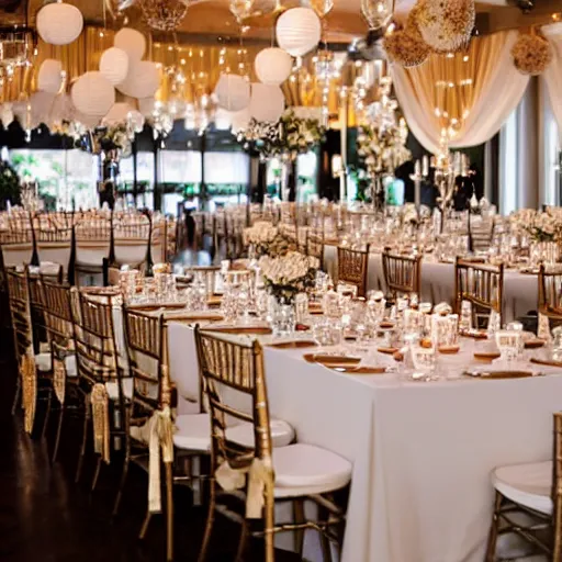 Image similar to walnut, gold, and white themed wedding reception