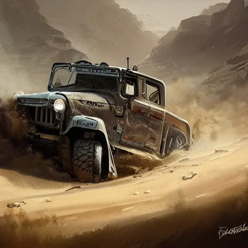 Image similar to full view of a off-road truck, intricate, elegant, highly detailed, digital painting, concept art, smooth, sharp focus, art style from Greg Rutkowski and Bruce Kaiser and Scott Robertson and Dmitry Mazurkevich and Doruk Erdem and Jon Sibal