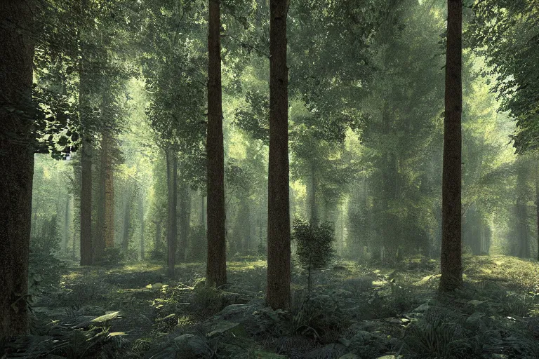 Image similar to A beautiful hyper realistic detailed photo of the inside deep forest with high trees, bushes of blueberry, dynamic lighting, cinematic lighting, lit by morning light, unreal engine, high detailed, featured on artstation