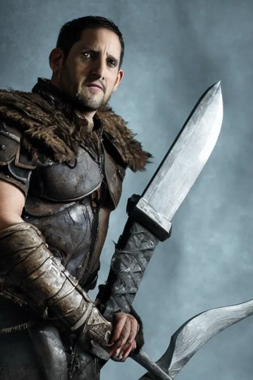 Image similar to Travis Willingham is a Goliath Barbarian, wielding a battleaxe, realistic cinematic shot, , subtle fog and mood lighting