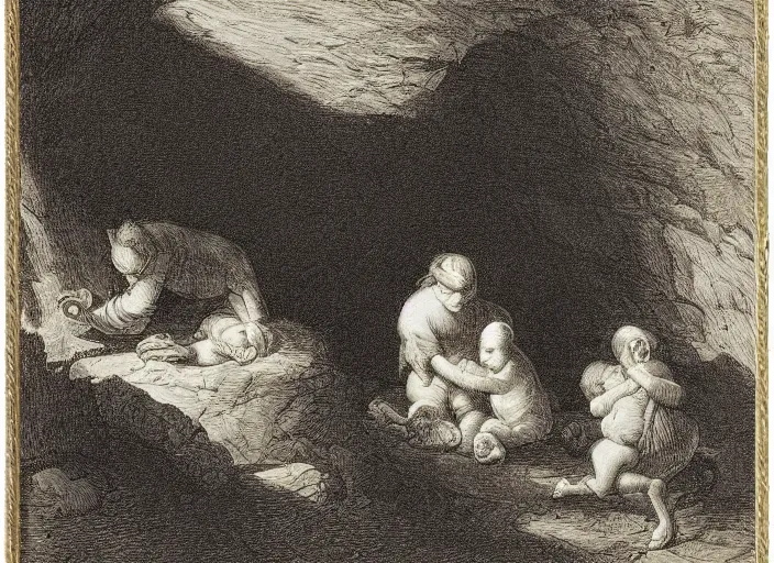 Image similar to Pieter Claesz's 'viewer looking into dark cave and seeing a mother bear and her cubs sleeping', night time, cross hatching, framed