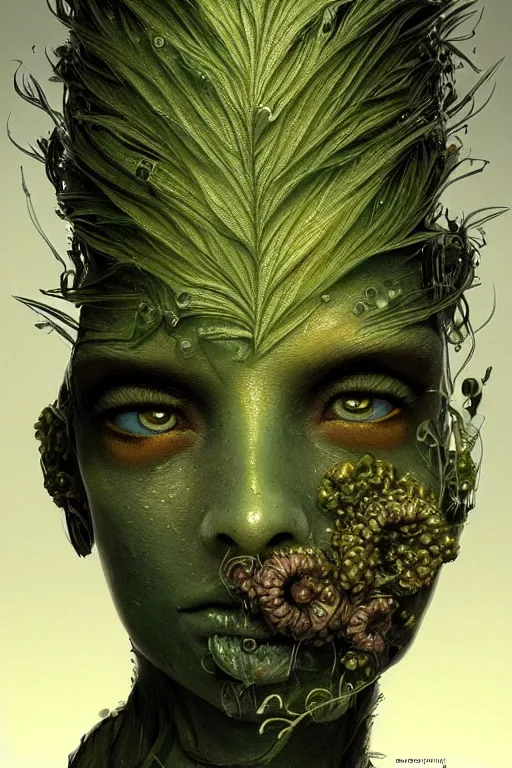 Prompt: beautiful portrait of a mutant algae plant character, intricate, dystopian, eyelashes, extremely detailed, digital painting, sculpted in zbrush, artstation, concept art, smooth, sharp focus, illustration, chiaroscuro soft lighting, golden ratio, rule of thirds, fibonacci, incredible art by Stanley Artgerm Lau and Greg Rutkowski, composition by mike mignola and Simon Stalenhag,