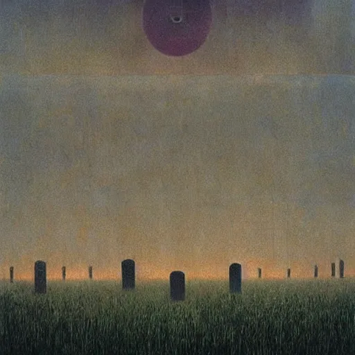 Image similar to “ ufo abduction over a field of tombstones, beksinski ”