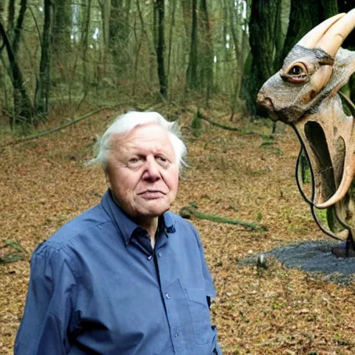 Prompt: Sir David Attenborough in the woods with the Jersey Devil