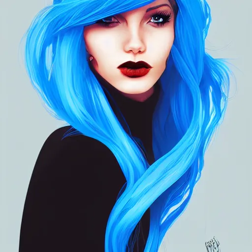 Image similar to a stunning upper body portrait of a beautiful woman with blue hair blowing in the wind by marvel comics, digital art, trending on artstation