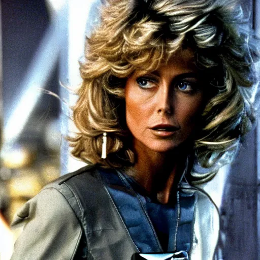 Image similar to movie still, 1 9 8 0 s, sci - fi farrah fawcett in combat suit, hyperdetailed, by ridley scott, john carpenter and vittorio storaro, blue lights