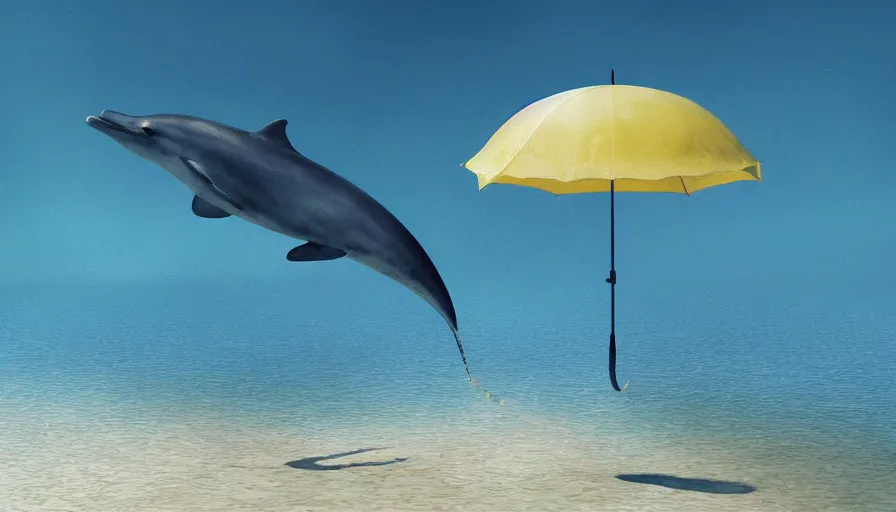 Prompt: craig mullins and ghibli digital illustration of, a dolphin in the blue dotted water, modern beach is covered with umbrellas, white waves ， yellow gravel coralsunreal engine, hyper realism, realistic shading, cinematic composition, realistic render, octane render, detailed textures, photorealistic, wide shot