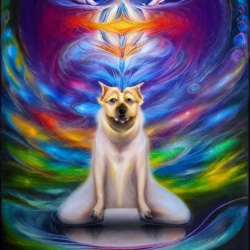 Image similar to enlightened spirit dog teacher by MICHAEL DIVINE and by AMANDA SAGE in the style of oil painting visionary art, oil painting artwork. , trending on artstation, very coherent symmetrical artwork, oil painting