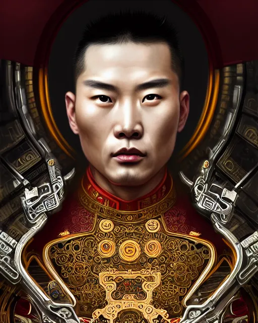 Image similar to portrait of a chinese masculine male cyberpunk machine, machine face, upper half portrait, decorated with chinese opera motifs, muscular, asian, fine china, wuxia, traditional chinese art intricate intense elegant 京 剧 highly detailed digital painting artstation concept art smooth sharp focus illustration, art by artgerm and greg rutkowski alphonse mucha 8 k