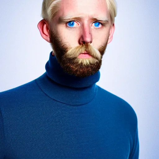 Image similar to A gangly british man, with short blond hair and short blond beard wearing a jacket and turtleneck , blue eyes, pale skin, English heritage, cartoon, mid-shot, 8k