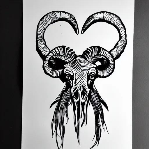Image similar to ram skull outline, black ink on white paper
