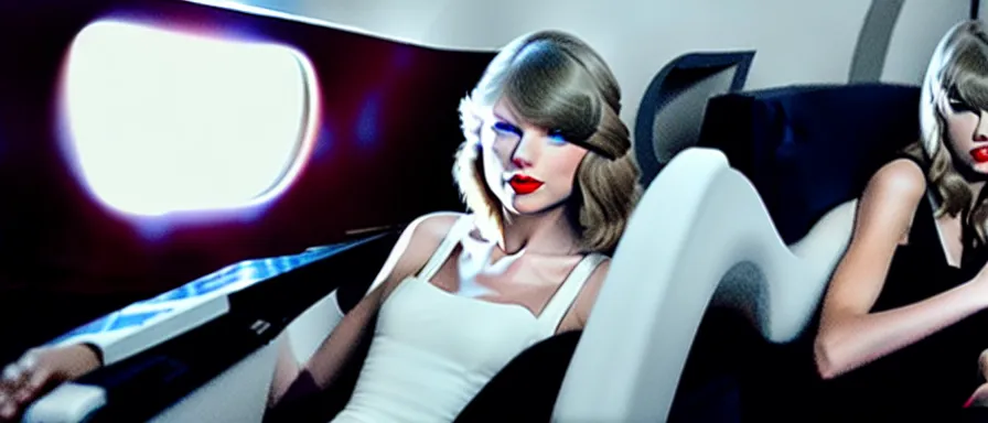 Prompt: Cinematography Taylor Swift sad looking her private jet smoke emmision by Emmanuel Lubezky