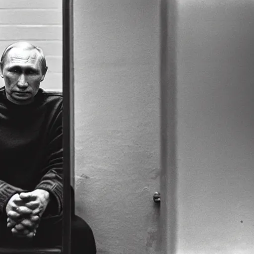 Image similar to a very sad and old wrinkled vladimir putin ( ( in prison clothes sitting on prison bench in prison ) ). detailed professional 3 5 mm black and white photo by don mccullin and anders petersen world press photo award