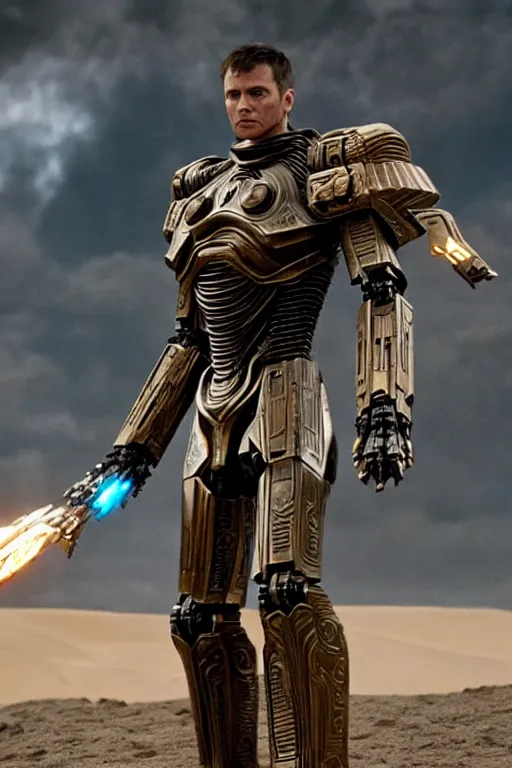 Image similar to cinematic still in dune movie and pacific rim movie and ps 5 game machine warrior 5, intricate ornate humanoid mecha warrior,