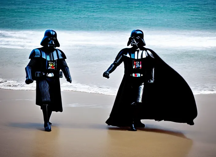 Prompt: darth vader frolicking at the beach