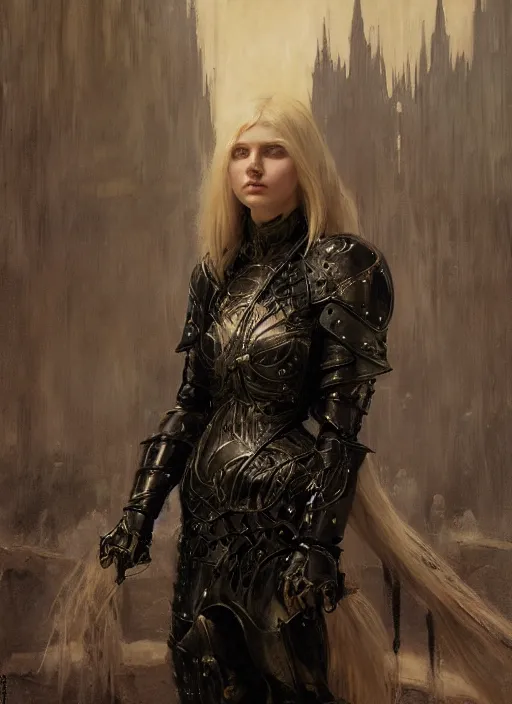 Prompt: young blonde vampire woman wearing black medieval armour, by gaston bussiere, bayard wu, greg rutkowski, giger, maxim verehin, greg rutkowski, masterpiece, sharp focus, cinematic lightning