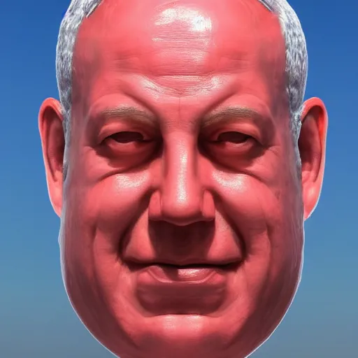 Image similar to a giant benjamin netanyahu head, sculpture made out of juicy and transparent red jelly in the sea, long shot, hyper detailed, hyper realistic, ray tracing, 8 k resolution, sharp focus, realistic water, award winning