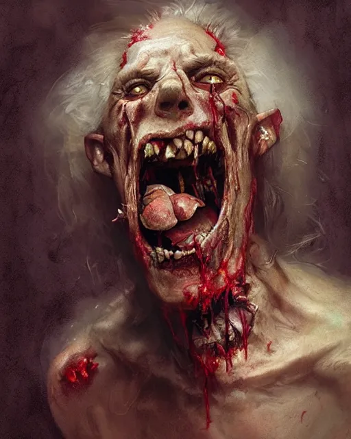 Prompt: hyper realistic photo portrait laughing crazy zombie cinematic, greg rutkowski, james gurney, mignola, craig mullins, brom