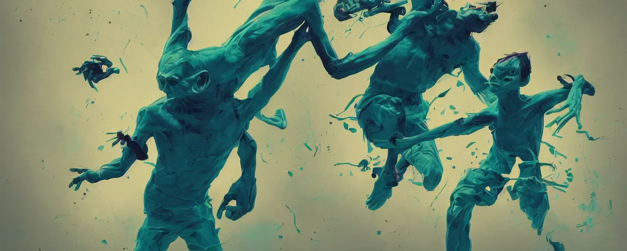 Image similar to duotone green blue illustration 3 / 4 portrait of gollum dancing like crazy. dynamic chaotic composition accidental renaissance golden ratio. by sachin teng and sergey kolesov and ruan jia and heng z. graffiti art, scifi, fantasy, hyper detailed. octane render. concept art. trending on artstation