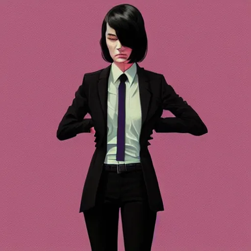 Image similar to young killer female in black jacket suit, muted colors, matte print, pastel colors, 2d, ultra highly detailed, smooth, sharp focus, digital art, digital painting, fan art, elegant, artstation, head is centered, by Ilya Kuvshinov