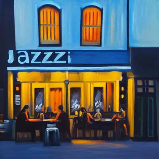 Prompt: oil painting of a jazz cafe during sunset while people are sitting on the terrace drinking milk