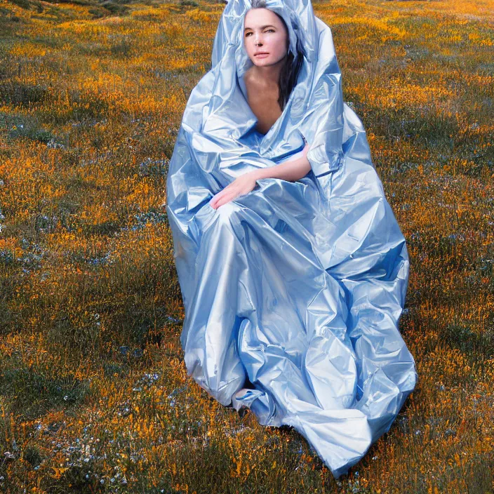 Image similar to a color photograph, closeup portrait of a woman wrapped in plastic, sitting on a throne, in rocky mountain national park in colorado, color photograph, by vincent desiderio, canon eos c 3 0 0, ƒ 1. 8, 3 5 mm, 8 k, medium - format print