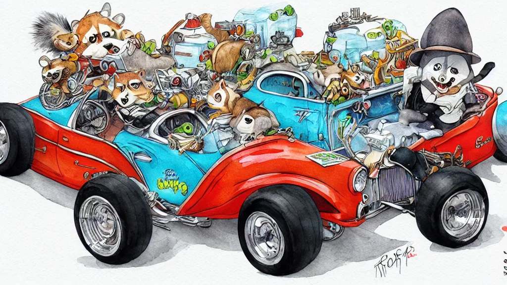 Prompt: cute and funny, racoon riding in a tiny hot rod coupe with oversized engine, ratfink style by ed roth, centered award winning watercolor pen illustration, third person isometric illustration by chihiro iwasaki, edited by range murata