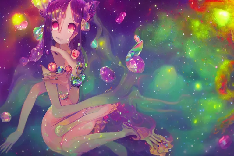 Image similar to psychedelic, whimsical, anime, 4k, beautiful seductive woman with fox ears smoking weed, with professional makeup, long trippy hair, a crystal and flower dress, sitting on a reflective pool, surrounded by gems, underneath the stars, rainbow fireflies, trending on patreon, deviantart, twitter, artstation, volumetric lighting, heavy contrast, art style of Greg Rutkowski and viktoria gavrilenko and Ross Tran