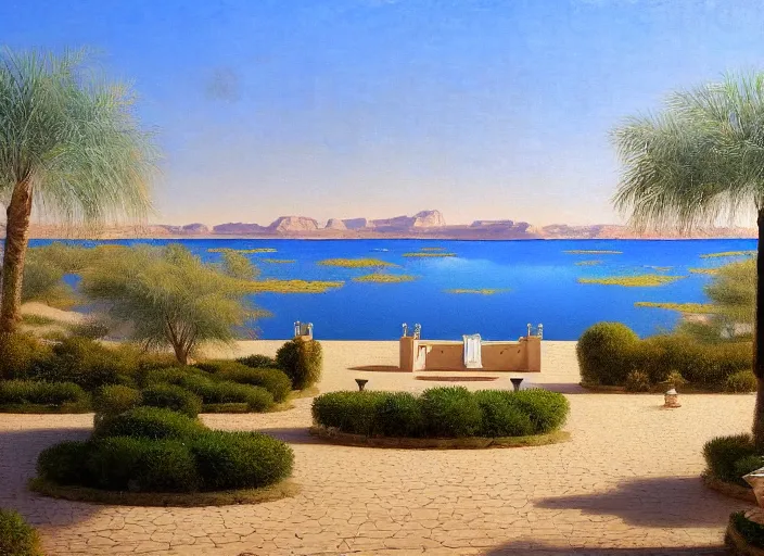 Prompt: A beautiful ultra-detailed painting of a garden villa with a lake in the middle of the arabic desert with a blue sky by Ludwig Deutsch, Trending on Artstation