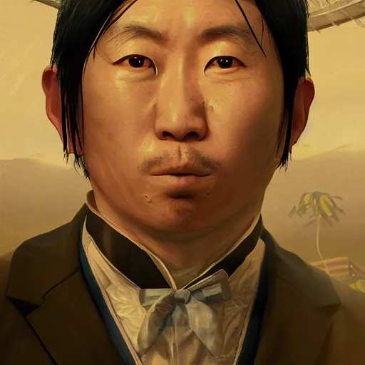 Prompt: Portrait of a japanese man wearing a solarpunk scientist outfit in a grand theft auto 5 loading screen , art by Albert Bierstadt and James Gurney, highly detailed, digital painting, matte painting, concept art, illustration, oppressive lighting, trending on artstation, very detailed