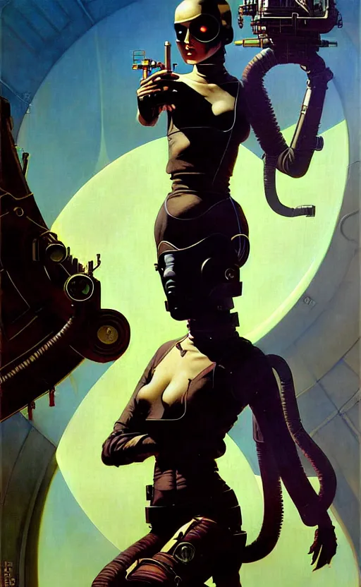 Image similar to pulp scifi fantasy illustrations of character concepts, cyber punk girl, burka, futuristic design, crafting, diy, by norman rockwell, roberto ferri, daniel gerhartz, edd cartier, jack kirby, howard brown, ruan jia, tom lovell, jacob collins, dean cornwell, astounding stories, amazing, fantasy, other worlds