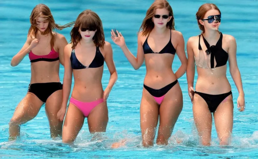 Prompt: emma watson and taylor swift and selena gomez swim together. perfect faces.