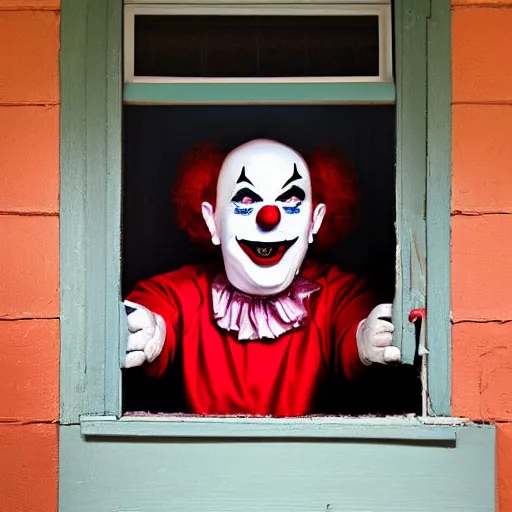 Prompt: photo of a scary clown looking through your bedroom window