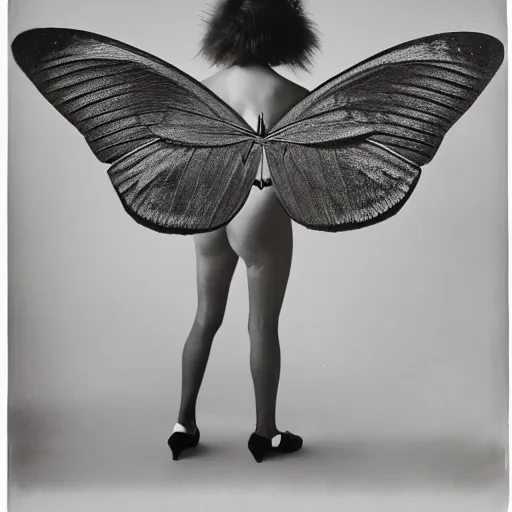 Image similar to a person with moth wings and a proboscis, large format film photograph by richard avedon