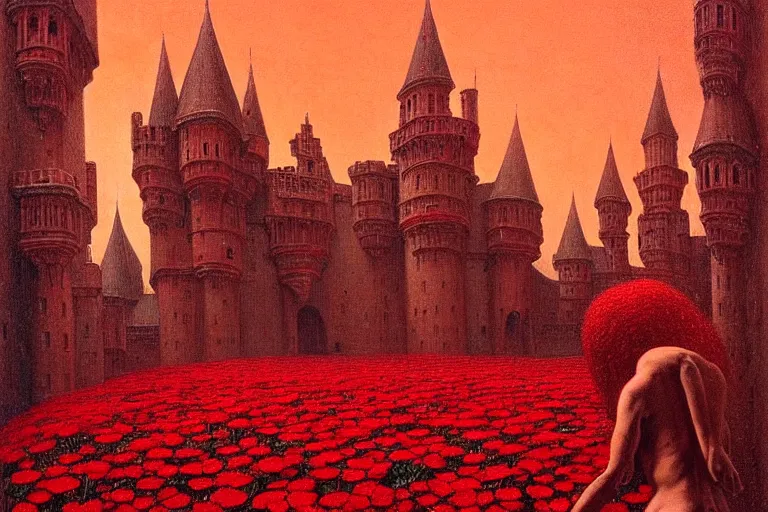 Image similar to only with red, red flowers of different types, a red tiger, a castle in the background, medieval demons dance over the flowers, an ancient path, in the style of beksinski, part by hopper, part by rodcenko, part by hofbauer, intricate composition, red by caravaggio, insanely quality, highly detailed, masterpiece, red light, artstation