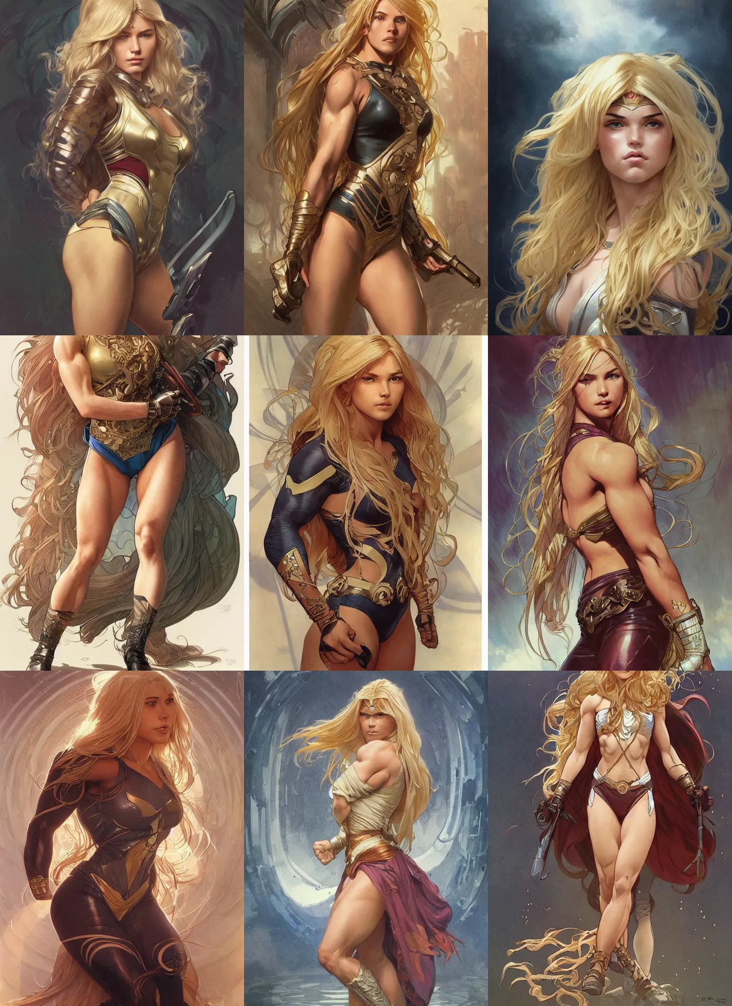 Image similar to a very muscled and young superhero girl with a focused face and extremely long blonde wavy hair, intricate detailed face, artgerm, greg rutkowski, alphonse mucha