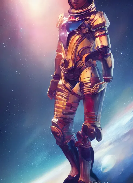 Image similar to hyper realistic photography, space paladin crusader astronaut girl, full body, rule of thirds, human proportion, good anatomy, beautiful face, conceptart, saturated colors, cinematic, juan gimenez, redshift, octane