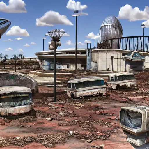 Prompt: post - apocalyptic epcot center, wasteland, barren, monorail, abandoned, walt disney world, highly detailed, intricate, 8 k