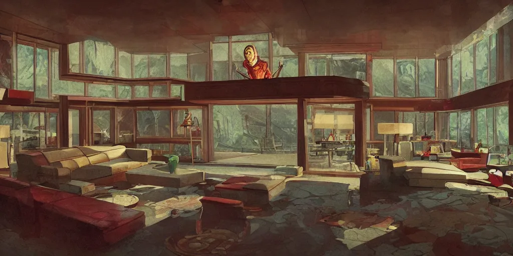 Prompt: main protagonist inside living room of insanely wealth man's frank lloyd wright style mansion in maine being hunted by shadows, game concept art, steven king, 1980s, retro, highly detailed, artstation, wide angle lens