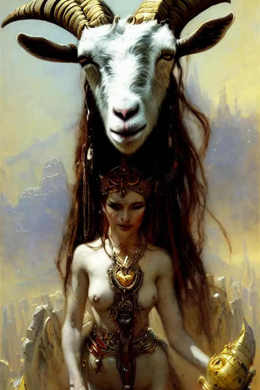 Image similar to goat queen by gaston bussiere, bayard wu, greg rutkowski, giger, maxim verehin