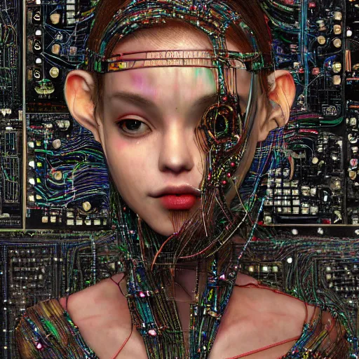 Image similar to deeper into the metaverse we go, piles of modular synth cables mixed with roots, kawaii puerto rican goddess swimming up wearing a headpiece made of circuit boards, by cameron gray, wlop, stanley kubrick, masamune, hideki anno, jamie hewlett, unique perspective, rock carving, trending on artstation, 3 d render, vivid