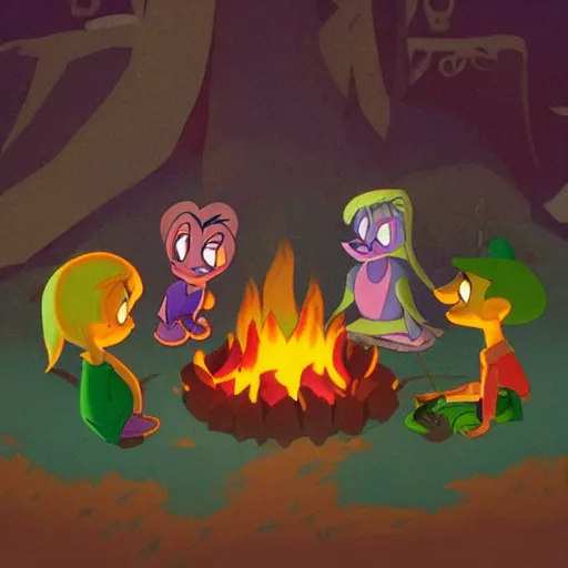 Prompt: full body portrait of Esmerelda (Tiny Toons (1990)) sitting around a campfire telling stories with her friends, in style Goro Fujita, 3D, UE5, ultra high textures, dark vignette, burning embers, nostalgic, muted colors, desaturated, volumetric, slightly drunk, candy rush, autochrome, tranquil, starry night, marshmallows, s'mores, highly detailed, busy, 4K, 8K, HQ