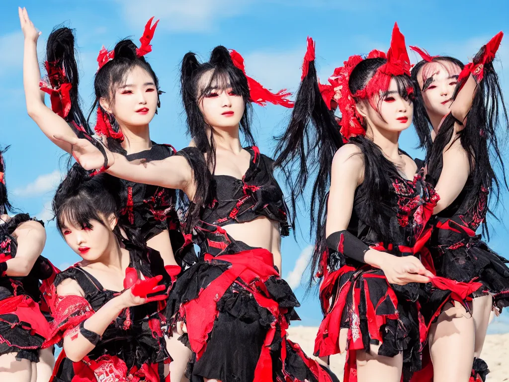 Prompt: babymetal 3 beautiful members performing on a tropical beach, beautiful scenery, highly detail face, dynamic pose, High Definition detail, 8K, photography