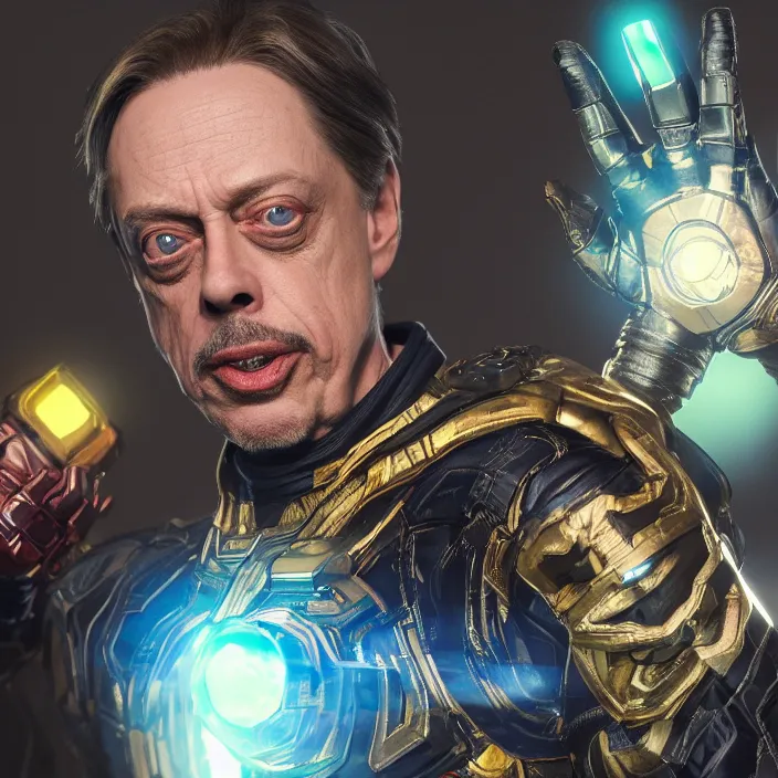 Prompt: portrait of Steve buscemi, wearing the infinity gauntlet. intricate artwork. octane render, trending on artstation, very coherent symmetrical artwork. Marvel. cinematic, high detail, octane render, 8k, iridescent accents