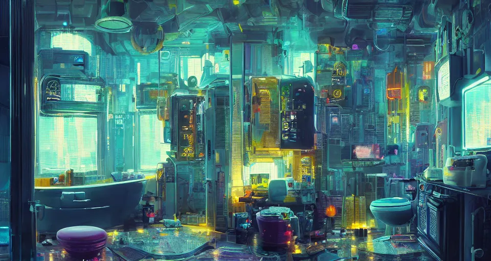 Image similar to IKEA catalogue photo of an epic cyberpunk bathroom, by Paul Lehr, 8k, HD, realistic, cinematic, artstation, details