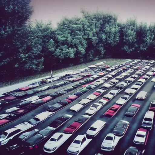 Prompt: Beatiful liminal Fuzzy Photograph of an infinite never-ending parking lot filled with cars, low angle