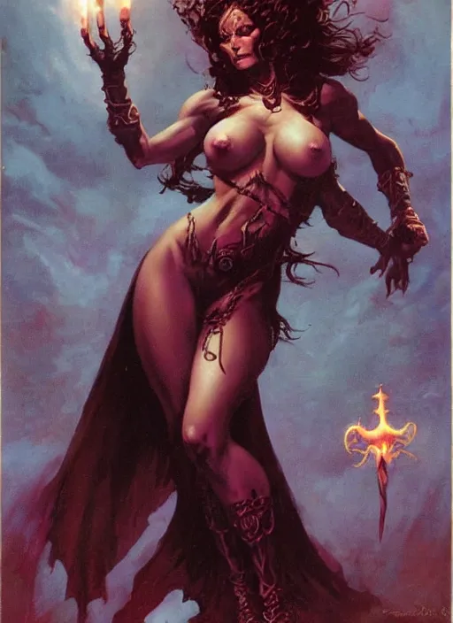 Prompt: ample female necromancer sorceress, strong line, deep color, beautiful! coherent! by frank frazetta, by brom, low angle