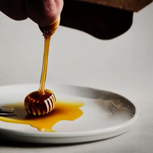 Image similar to a photorealistic fork covered in dripping honey, so much honey, professional food photography, Movie Still, Triadic color grading.