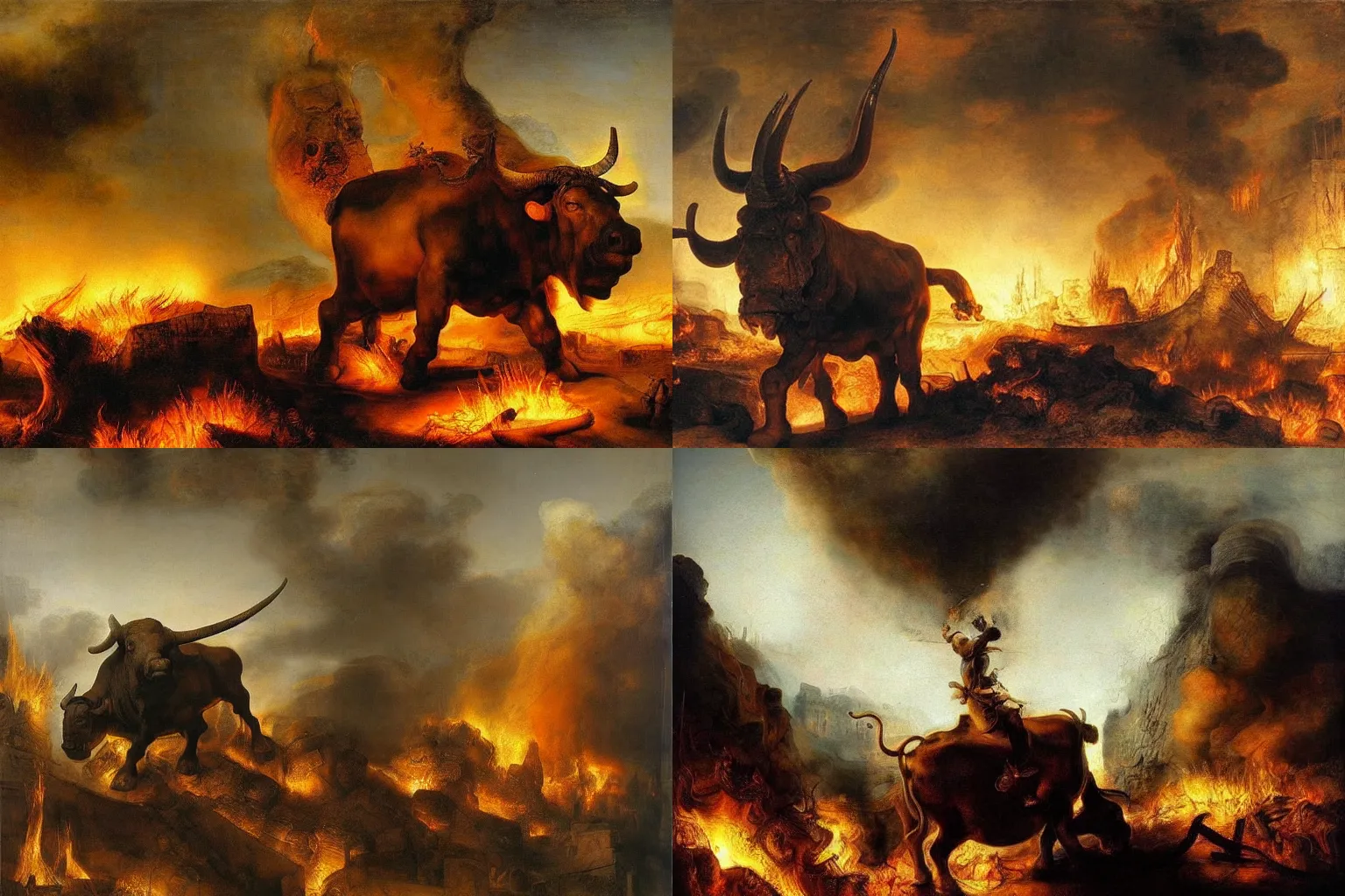 Prompt: giant bull man. Large curved horns. It stands tall over the burning ruins of an ancient city on fire. Oil painting by Rembrandt.