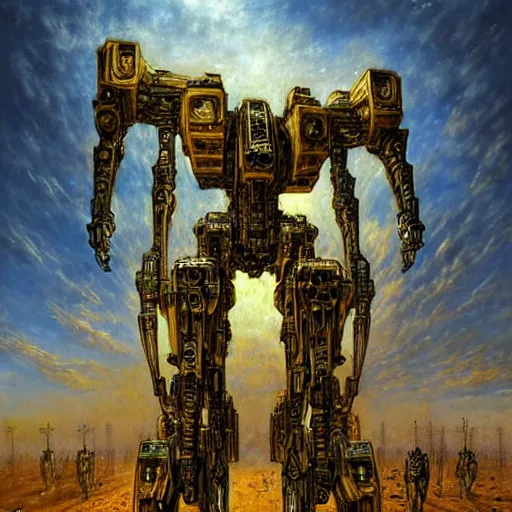 Prompt: mecha centaur, atmospheric lighting, painted, intricate, golden and blue hour, ultra detailed by peter gric, giger, enki bilal